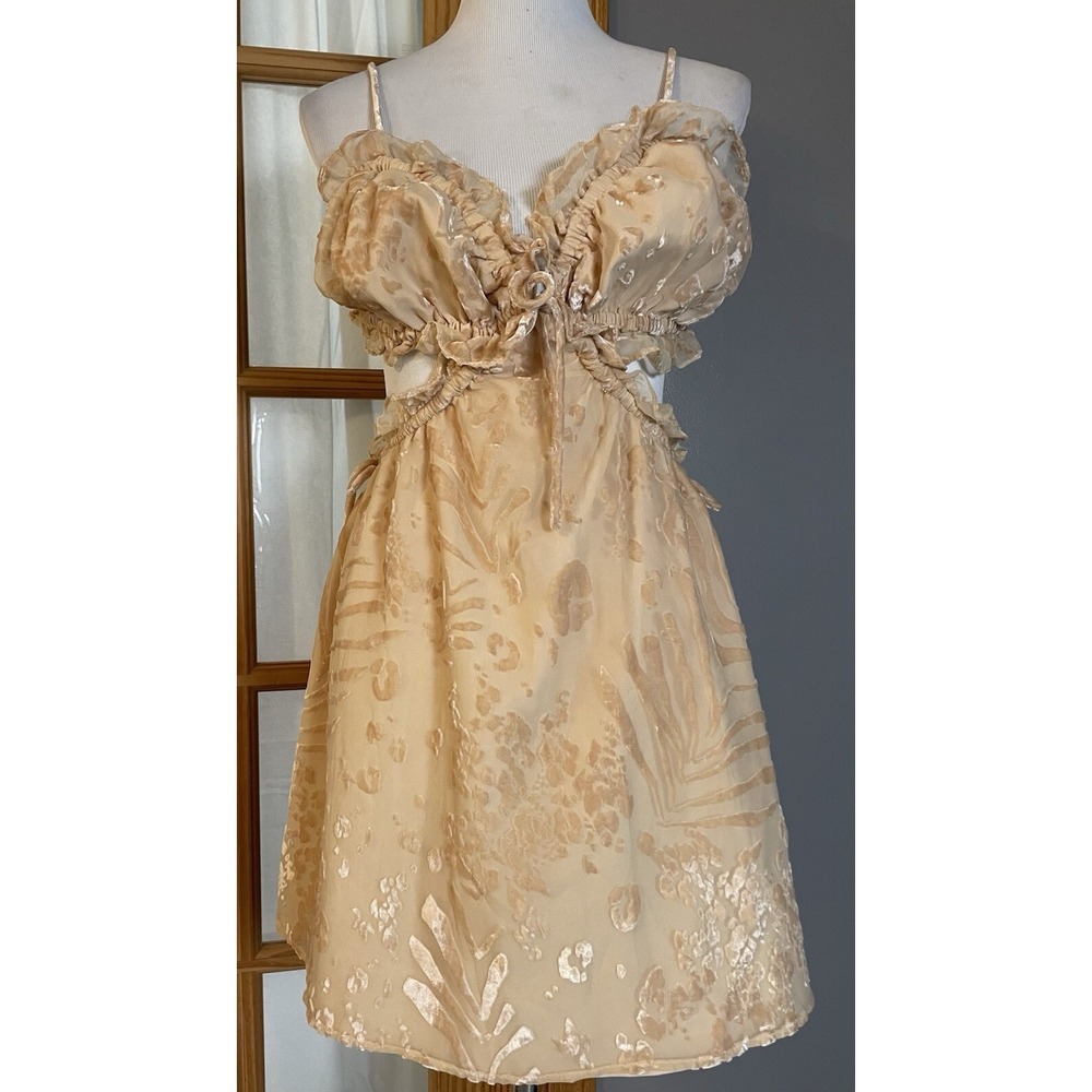 Saboluxe Strappy Open Back Dress M Mini Beige Velvet Floral Mesh Cut Out  Waist